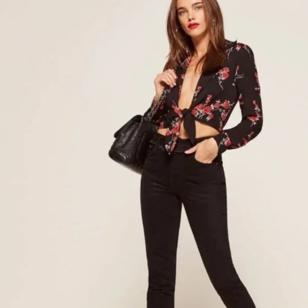 REFORMATION Black Floral Dottie Crop Top Blouse Tie